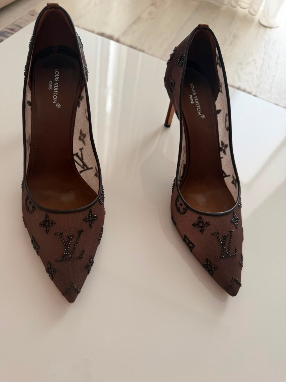 Louis Vuitton Brown Mesh Monogram Beaded Pointed-Toe Pumps